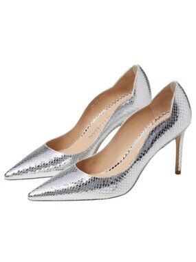 Stuart Weitzman Stuart 85 Scallop Pump Silver Metallic Snake Leather, US 10 B